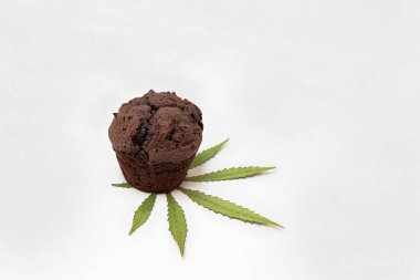 Gri arka planda kenevir yaprağı ve metin için yeri olan çikolatalı kek kek.