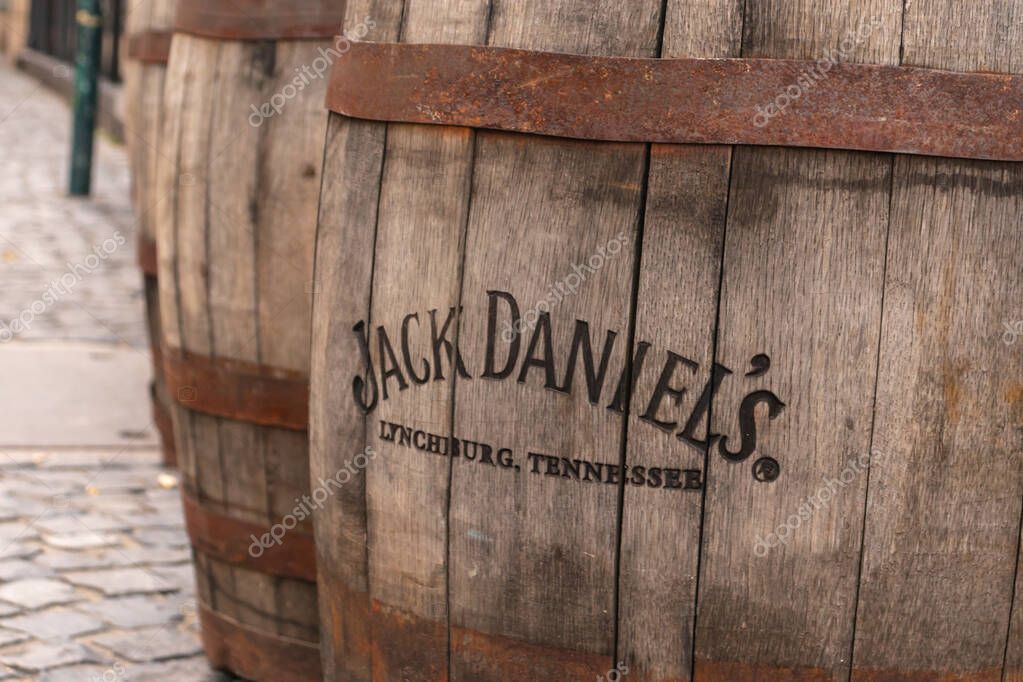 Jack Daniels whiskey logo burned at the side of old vintage wooden barrel