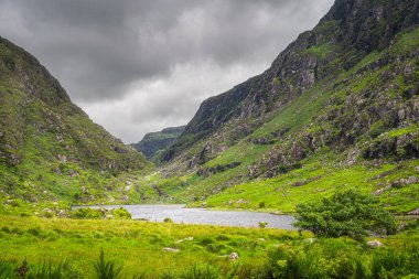 Güzel yeşil dağ vadisinde küçük bir göl, Dunloe Geçidi, Kara Vadi 'deki dik tepelerin arasından geçen virajlı bir yol, Kerry ilçesi, İrlanda