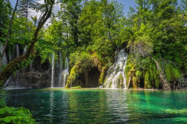 Plitvice Gölleri 'ndeki güneş ışığıyla aydınlatılan şelalelere yakın.