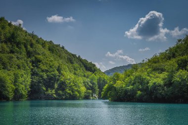 Turkuaz renkli göl ve çevre tepelerde yeşil ormanlık alan küçük şelale, Plitvice Gölleri Ulusal Parkı UNESCO Dünya Mirası, Hırvatistan