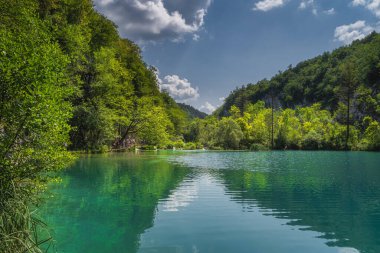 Turistler, turkuaz göller ve şelaleler manzaralı ağaçların altındaki patikada yürüyorlar. Plitvice Lakes Ulusal Parkı UNESCO Dünya Mirası, Hırvatistan