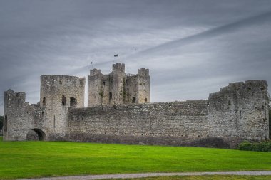 12. yüzyıldan kalma eski ve harap olmuş Trim Kalesi 'nin üzerinde uçan kargalar yüksek duvarları ve kasvetli gökyüzü, Trim köyü, Meath ilçesi, İrlanda