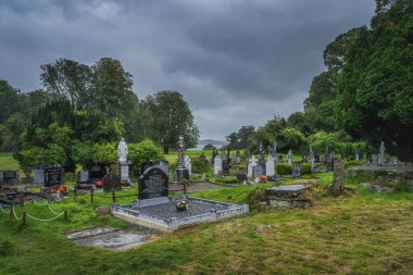 Killarney, İrlanda, Ağustos 2019 Mezarlığı 15. yüzyıl Muckross Manastırı yakınlarındaki yeşil ağaçlarla çevrili, Killarney Ulusal Parkı