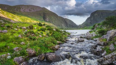 Dunloe Geçidi 'ndeki Kara Göl' den akan dağ nehri. Kara Vadi 'de gün batımında yeşil tepeler, MacGillycuddys Reeks dağları, Kerry Halkası, İrlanda