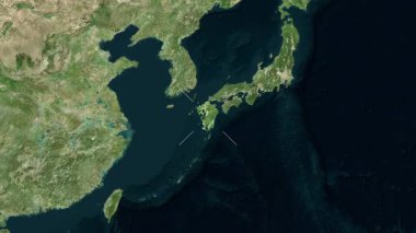 Kyushu Adası - Japonya yakın çekim - uydu. Önizleme. Etiketler.