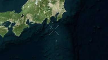 Miyake Adası - Japonya yakın çekim - uydu. Önizleme. Etiketler.