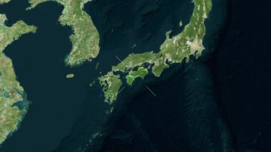 Shikoku Adası - Japonya yakın çekim - uydu. Önizleme. Etiketler.