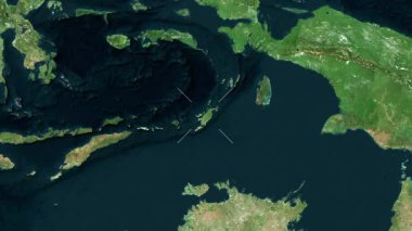 Yamdena Adası, Endonezya yakın çekim uydusu. Önizleme. Etiketler.