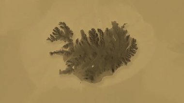 İzlanda haritası - sağlam. Gölge. Sepia. Etiketler