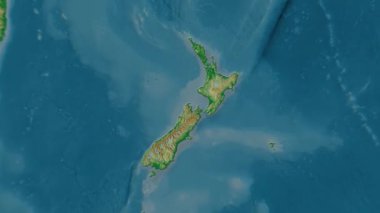 Yeni Zelanda haritası - sağlam. Gölge. Fiziksel olarak. Etiketler