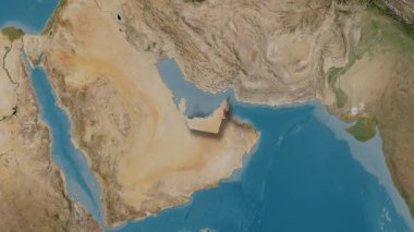 Birleşik Arap Emirlikleri haritası. Gölge. Uydu. Etiketler