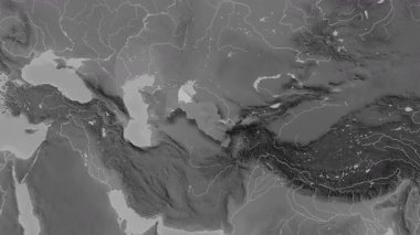 Özbekistan haritası - özet. Gölge. Gri tonlu. Etiketler