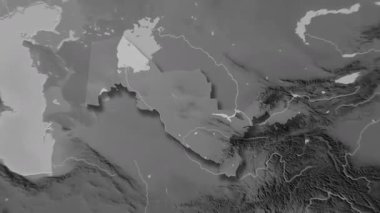 Özbekistan haritası - sağlam. Gölge. Gri tonlu. Etiketler