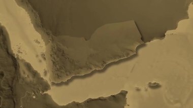 Yemen haritası - sağlam. Gölge. Sepia. Etiketler