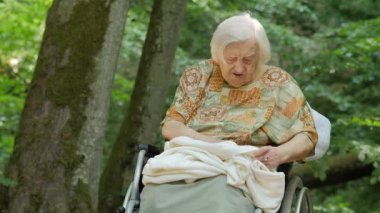 Yaşlı kadın rüzgârla savrulan çimlerden giysilerini temizliyor. Orman gezisi