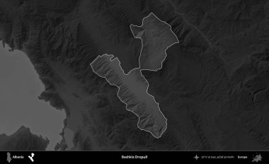 Bashkia Dropull. Arnavutluk 'un idari alanı koyu gri tonlu bir yükselme haritasına vurgulandı ve ana hatları çizildi