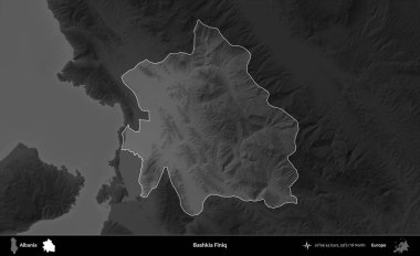Bashkia Finiq. Arnavutluk 'un idari alanı koyu gri tonlu bir yükselme haritasına vurgulandı ve ana hatları çizildi