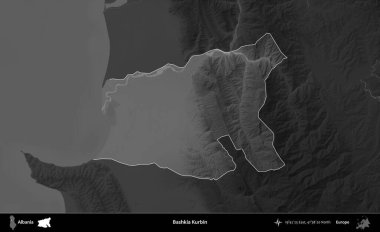Bashkia Kurbin. Arnavutluk 'un idari alanı koyu gri tonlu bir yükselme haritasına vurgulandı ve ana hatları çizildi