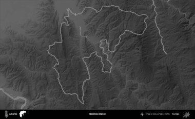 Bashkia Berat. Arnavutluk 'un idari bölgesi gri ölçekli bir yükselme haritasında belirtildi