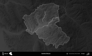 Bashkia Elbasan. Arnavutluk 'un idari alanı koyu gri tonlu bir yükselme haritasına vurgulandı ve ana hatları çizildi
