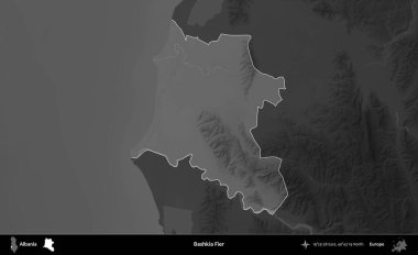 Bashkia Fier. Arnavutluk 'un idari alanı koyu gri tonlu bir yükselme haritasına vurgulandı ve ana hatları çizildi