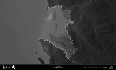 Qarku i Fierit. Arnavutluk 'un idari alanı koyu gri tonlu bir yükselme haritasına vurgulandı ve ana hatları çizildi