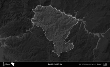 Bashkia Fushe-Arrez. Arnavutluk 'un idari alanı koyu gri tonlu bir yükselme haritasına vurgulandı ve ana hatları çizildi