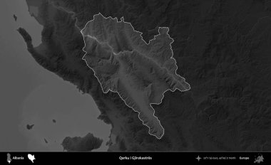 Qarku i Cirokastres. Arnavutluk 'un idari alanı koyu gri tonlu bir yükselme haritasına vurgulandı ve ana hatları çizildi