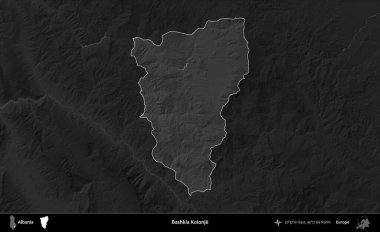Bashkia Kolonje. Arnavutluk 'un idari alanı koyu gri tonlu bir yükselme haritasına vurgulandı ve ana hatları çizildi