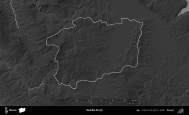 Bashkia Korce. Arnavutluk 'un idari bölgesi gri ölçekli bir yükselme haritasında belirtildi