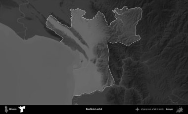 Bashkia Lezhe. Arnavutluk 'un idari alanı koyu gri tonlu bir yükselme haritasına vurgulandı ve ana hatları çizildi
