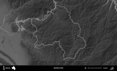 Bashkia Kusmuğu. Arnavutluk 'un idari bölgesi gri ölçekli bir yükselme haritasında belirtildi