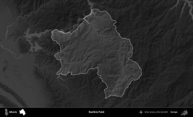 Bashkia Kusmuğu. Arnavutluk 'un idari alanı koyu gri tonlu bir yükselme haritasına vurgulandı ve ana hatları çizildi