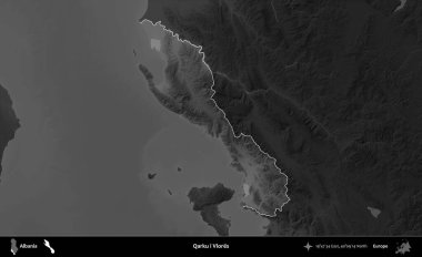 Qarku i Vlores. Arnavutluk 'un idari alanı koyu gri tonlu bir yükselme haritasına vurgulandı ve ana hatları çizildi