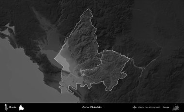 Qarku i Shkodres. Arnavutluk 'un idari alanı koyu gri tonlu bir yükselme haritasına vurgulandı ve ana hatları çizildi