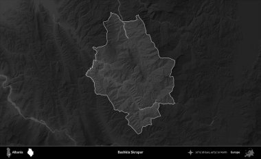Bashkia Skrapar. Arnavutluk 'un idari alanı koyu gri tonlu bir yükselme haritasına vurgulandı ve ana hatları çizildi