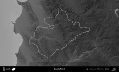 Bashkia Tirane. Arnavutluk 'un idari bölgesi gri ölçekli bir yükselme haritasında belirtildi