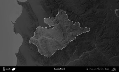 Bashkia Tirane. Arnavutluk 'un idari alanı koyu gri tonlu bir yükselme haritasına vurgulandı ve ana hatları çizildi
