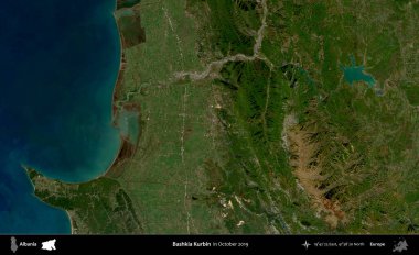 Bashkia Kurbin. Ekim 2019 'da çekilen Global Mozaik Sentinel-2 karolarından oluşan bir uydu görüntüsü üzerine Arnavutluk' un idari alanı