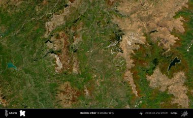 Bashkia Diber. Ekim 2019 'da çekilen Global Mozaik Sentinel-2 karolarından oluşan bir uydu görüntüsü üzerine Arnavutluk' un idari alanı