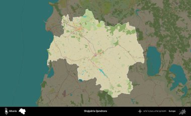 Shqiperia Qendrore. Arnavutluk 'un idari alanı kararmış Topografik İnsani Yardım Stili Haritasında vurgulandı ve özetlendi