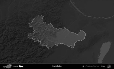 Bezirk Baden. Avusturya 'nın idari alanı koyu gri tonlu bir yükselme haritasına vurgulandı ve özetlendi