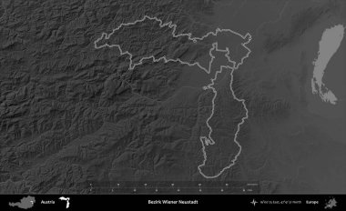Bezirk Wiener Neustadt. Avusturya 'nın idari bölgesi gri ölçekli bir yükselme haritasında özetlendi