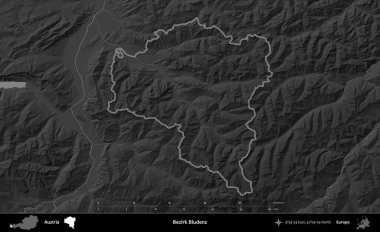 Bezirk Bludenz. Avusturya 'nın idari bölgesi gri ölçekli bir yükselme haritasında özetlendi