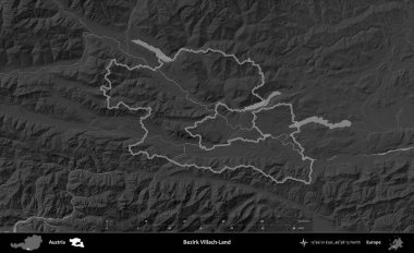 Bezirk Villach Diyarı. Avusturya 'nın idari bölgesi gri ölçekli bir yükselme haritasında özetlendi