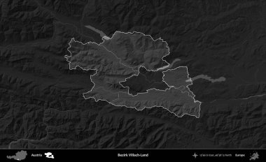 Bezirk Villach Diyarı. Avusturya 'nın idari alanı koyu gri tonlu bir yükselme haritasına vurgulandı ve özetlendi
