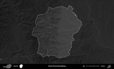 Bezirk Deutschlandsberg. Avusturya 'nın idari alanı koyu gri tonlu bir yükselme haritasına vurgulandı ve özetlendi