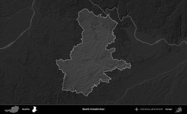 Bezirk Grieskirchen. Avusturya 'nın idari alanı koyu gri tonlu bir yükselme haritasına vurgulandı ve özetlendi