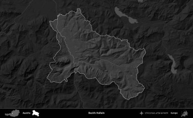 Bezirk Hallein. Avusturya 'nın idari alanı koyu gri tonlu bir yükselme haritasına vurgulandı ve özetlendi